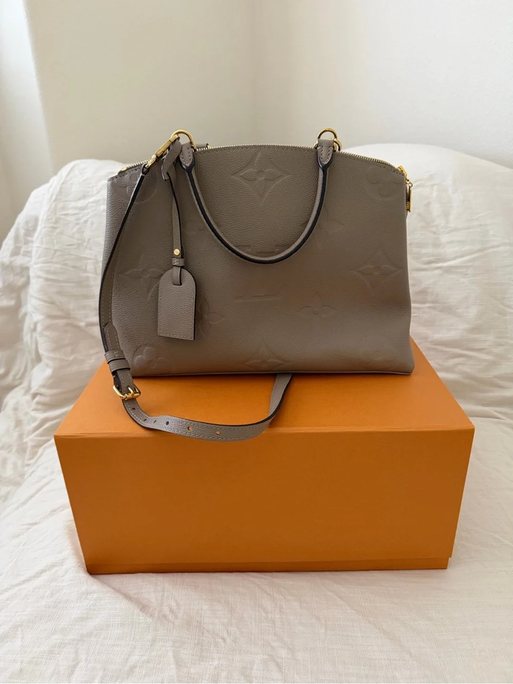 Louis Vuitton Taupe Embossed Monogram Satchel with Gold Hardware